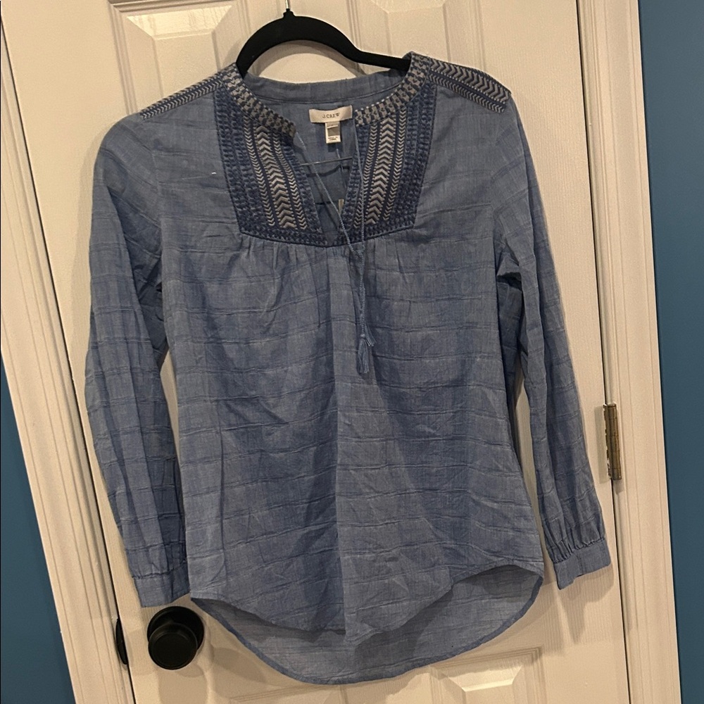J. Crew Blue Embroidered peasant shirt. Cotton